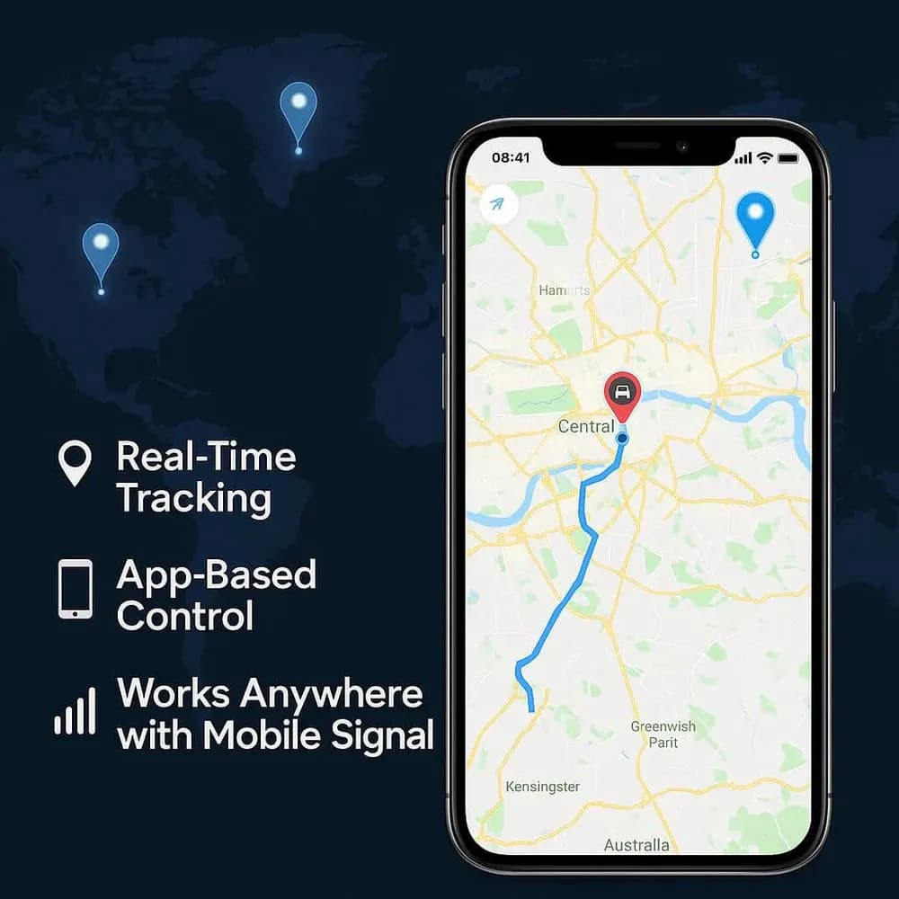 ToolTrackTech mobile tracking app showing real-time GPS location, app-based control, and coverage anywhere with a mobile signal